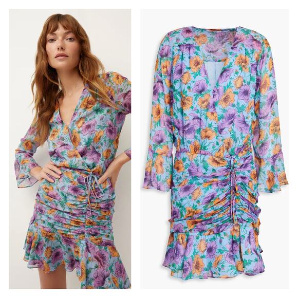 Veronica Beard Silk Sean Ruched Floral Mini Dress In Lake Blue Multi Size 0 - Picture 16 of 16